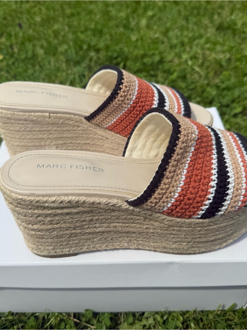 Marc Fisher Striped Crochet Espadrille Wedge - Rust, Beige & Black